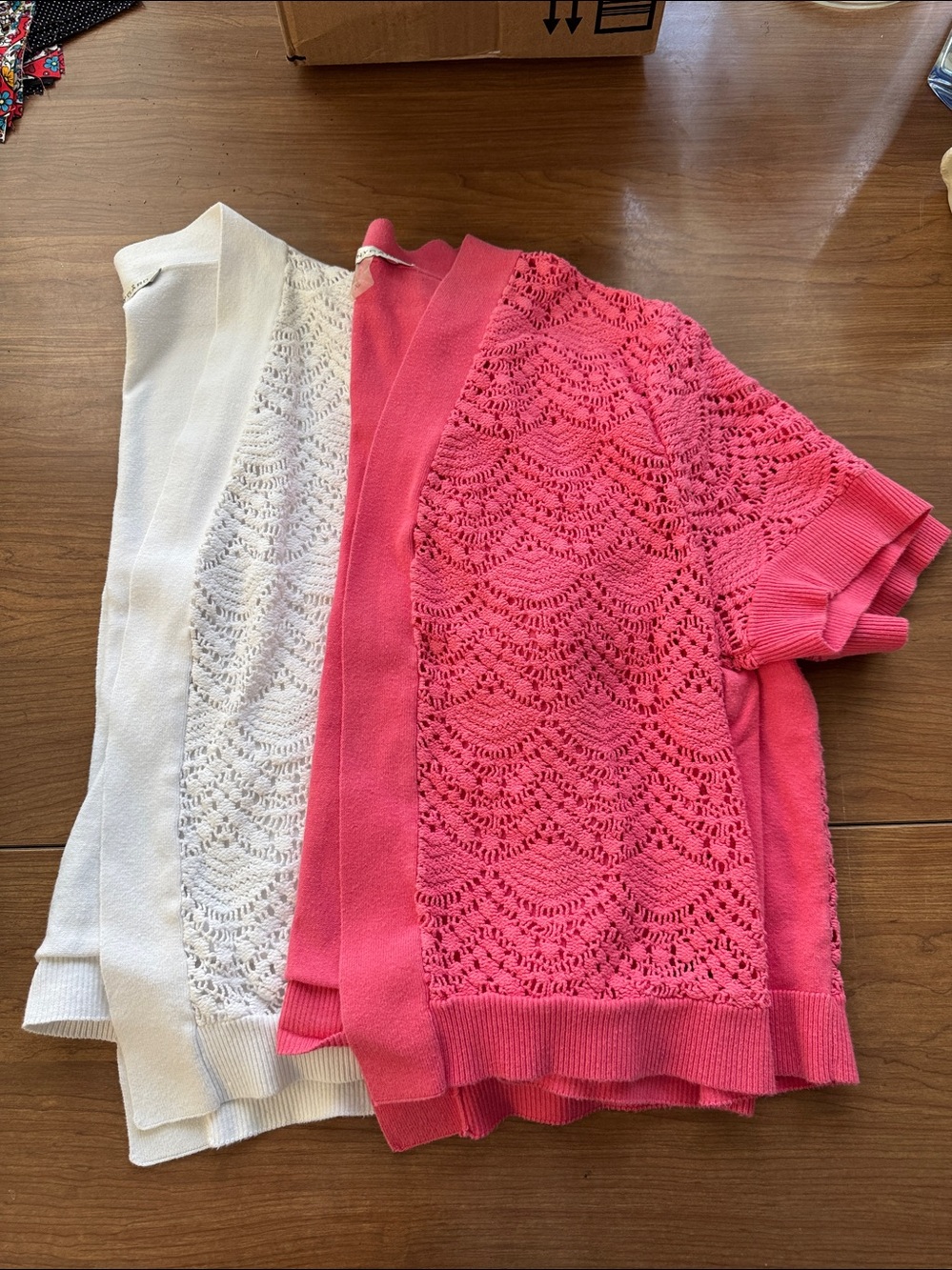 Two Open-Front Crochet Short Sleeve Cropped Sweater Cardigans - White and Coral